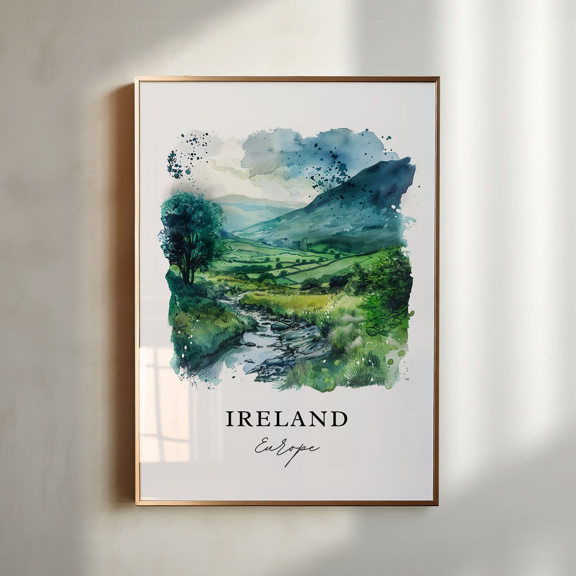 Ireland Green Valley Stream Landscape Watercolor Travel Poster