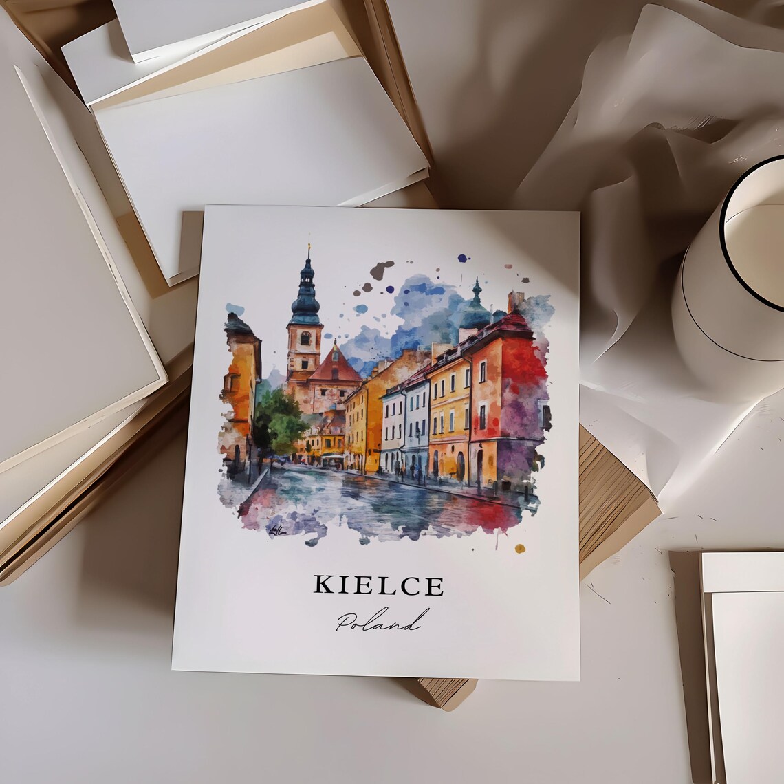 Kielce Poland Historic Old Street Cathedral Watercolor Travel Poster - Image 6