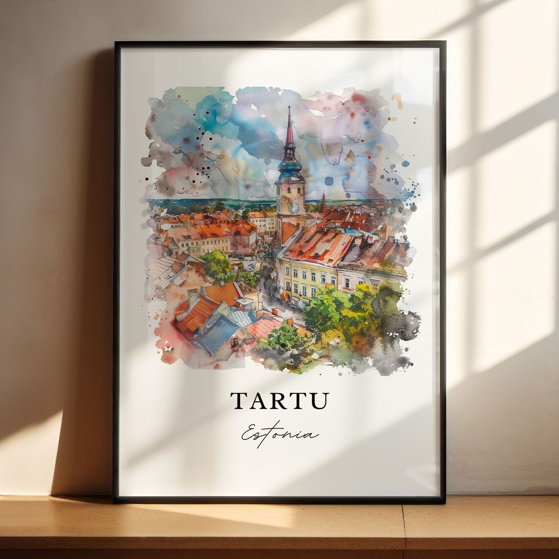 Tartu Estonia Old Town Hall Tower Watercolor Panorama Travel Poster - Image 4