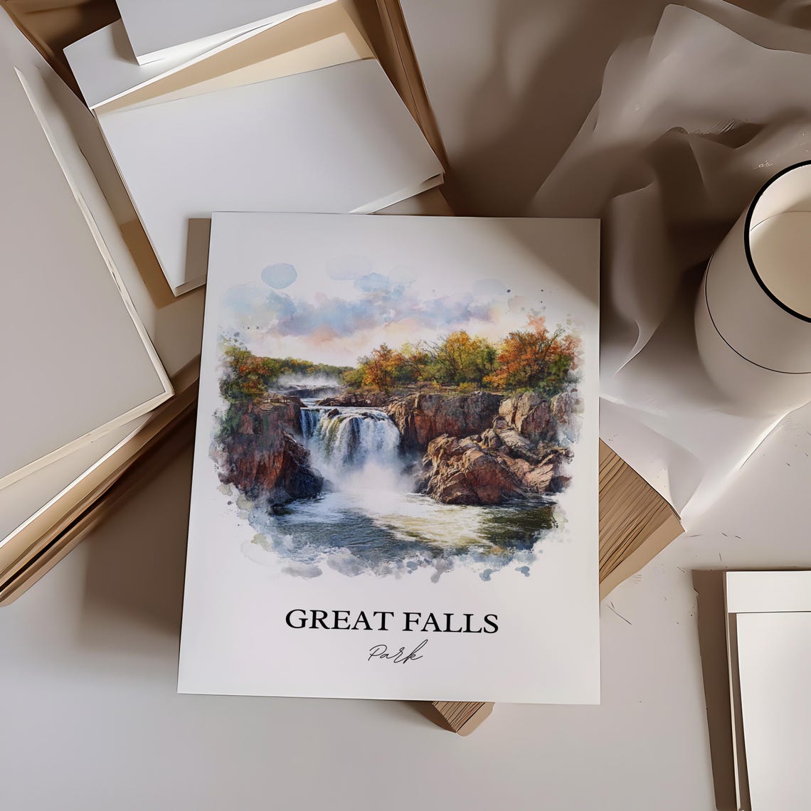 Great Falls Park Watercolor Waterfall Rocky Gorge Autumn Trees Poster - Image 3