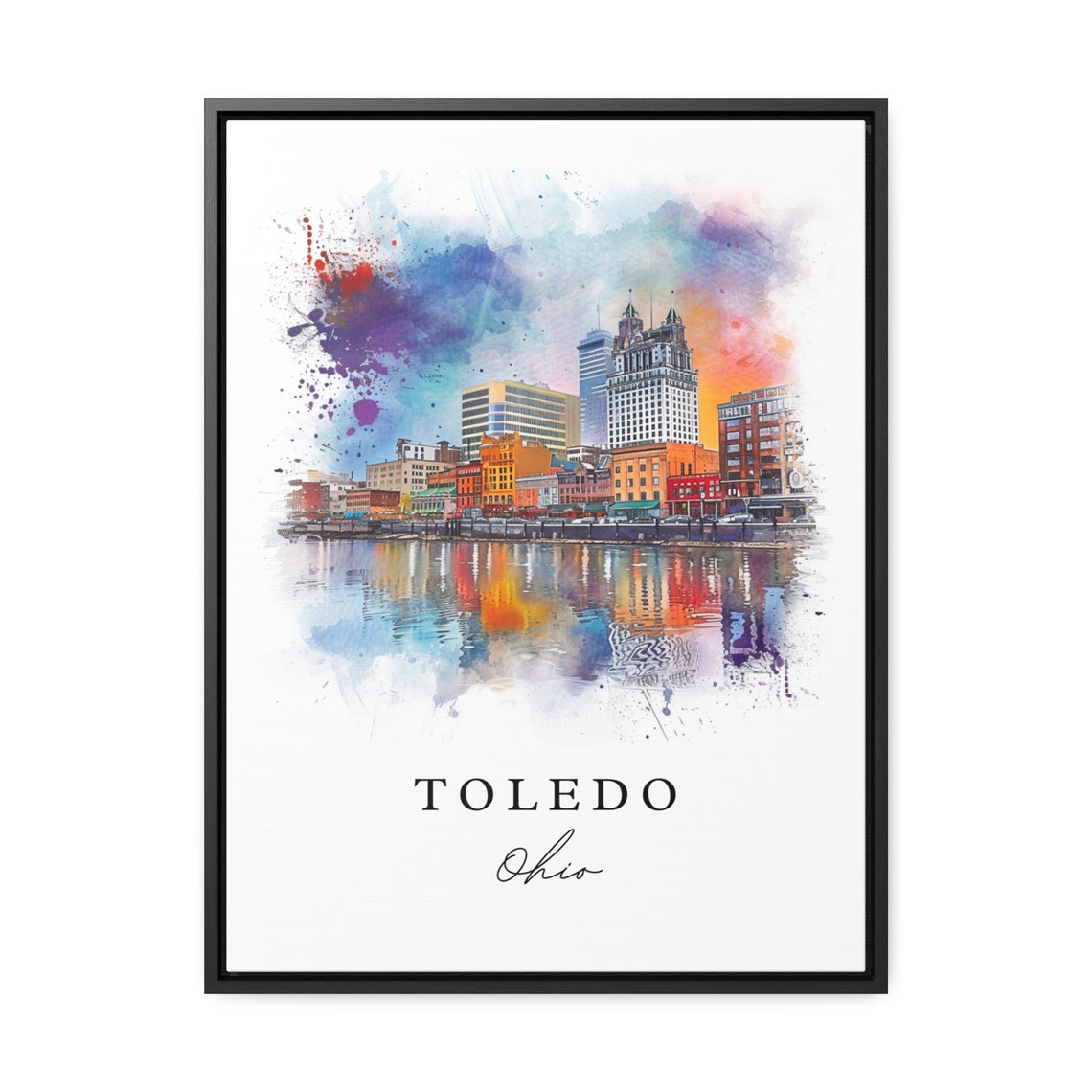 Toledo Ohio Riverfront Skyline Reflection Watercolor City Art Poster - Image 2