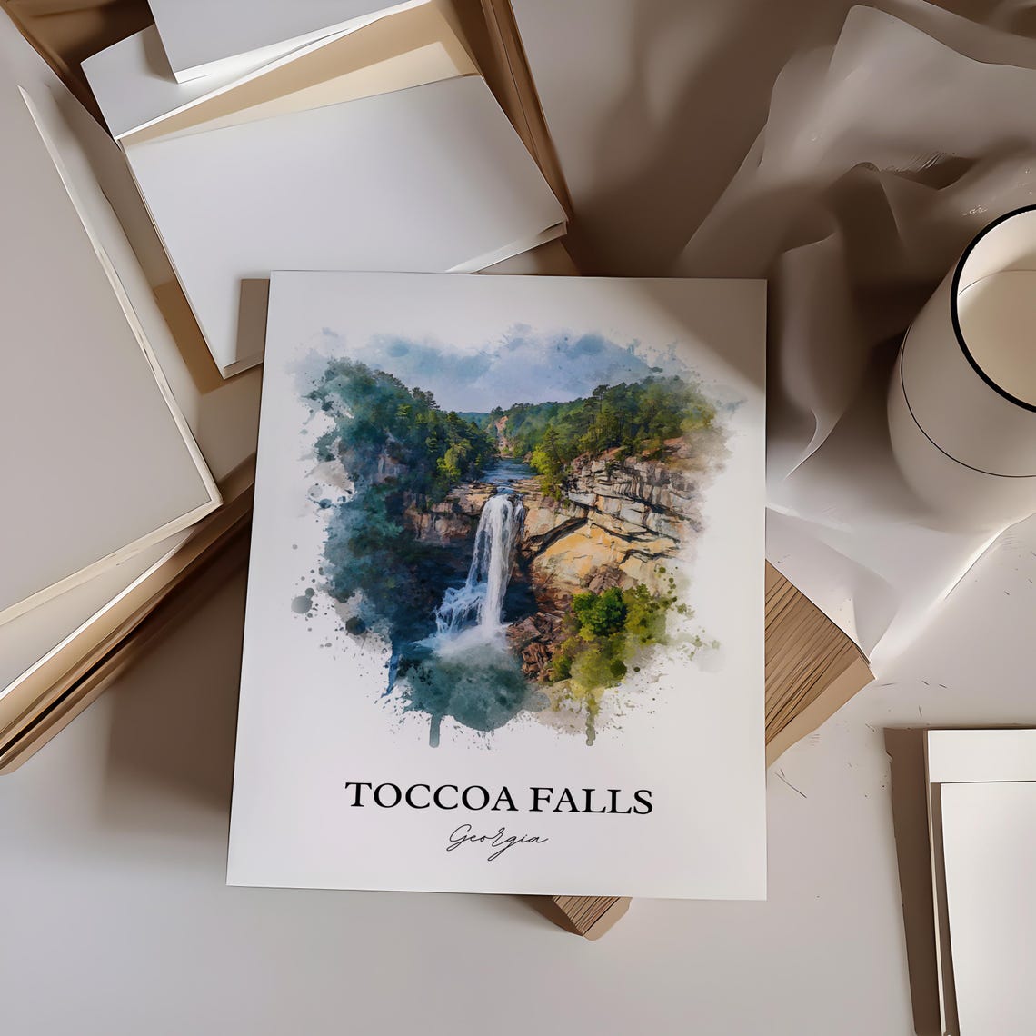 Toccoa Falls Georgia Tall Forest Gorge Waterfall Watercolor Poster - Image 3