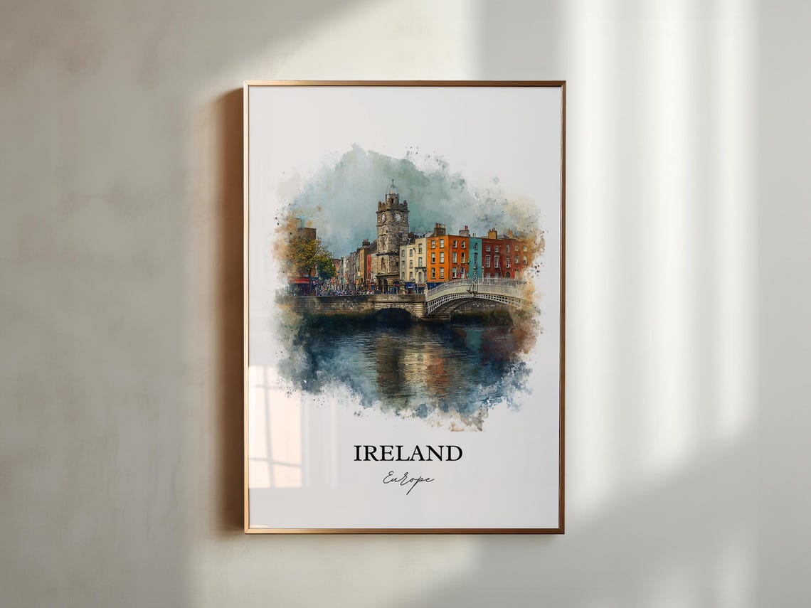 Ireland Dublin Clock Tower Riverside Watercolor Europe Travel Poster - Image 5