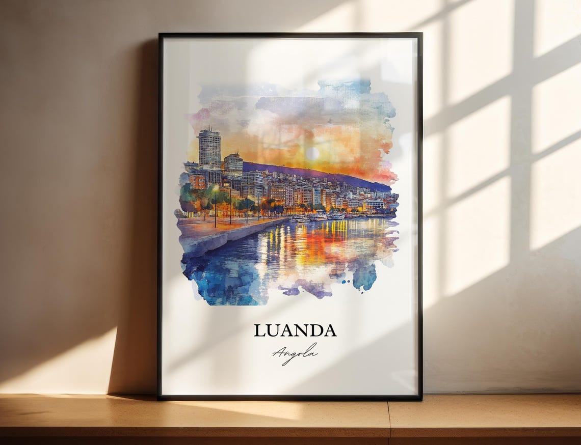 Luanda Angola Sunset Harbor Skyline Watercolor Travel Poster