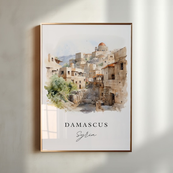 Damascus Syria Watercolor Ancient Old Town Stone Houses Poster