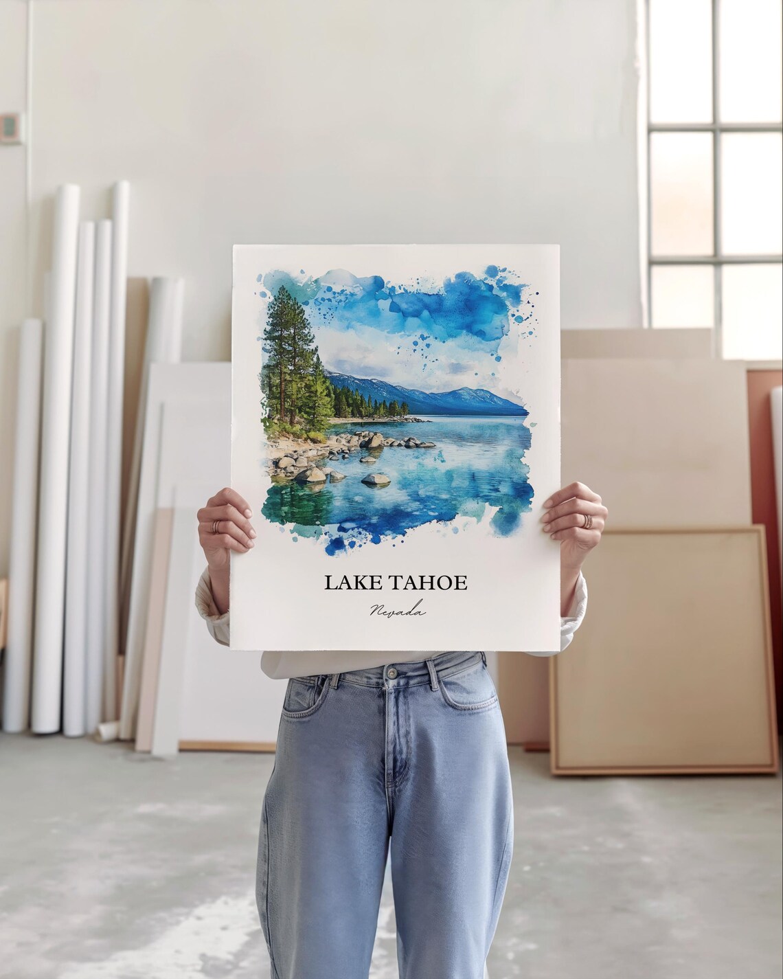 Lake Tahoe Nevada Rocky Shoreline Alpine Lake Watercolor Poster - Image 4