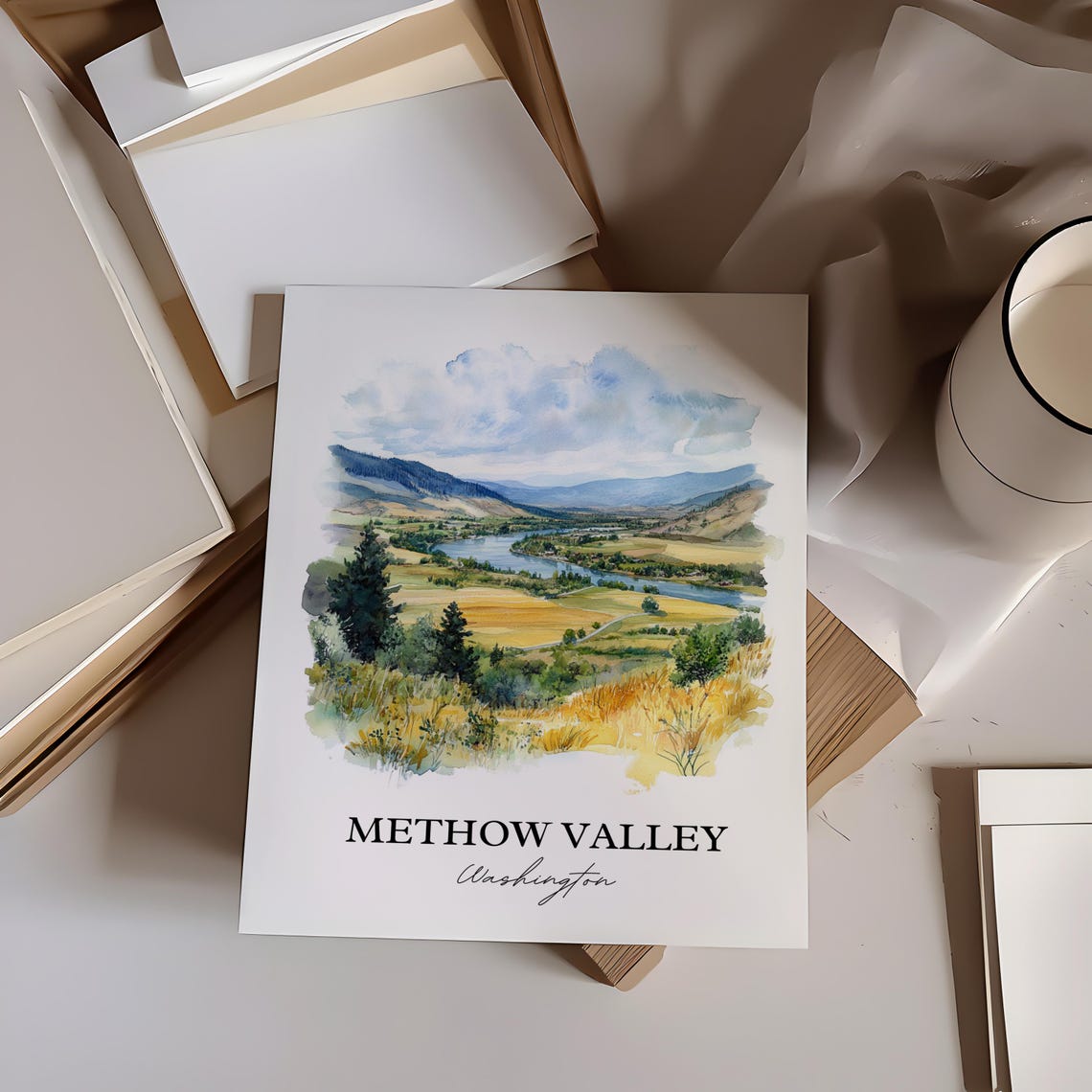 Methow Valley Washington Golden Fields River Valley Watercolor Poster - Image 4