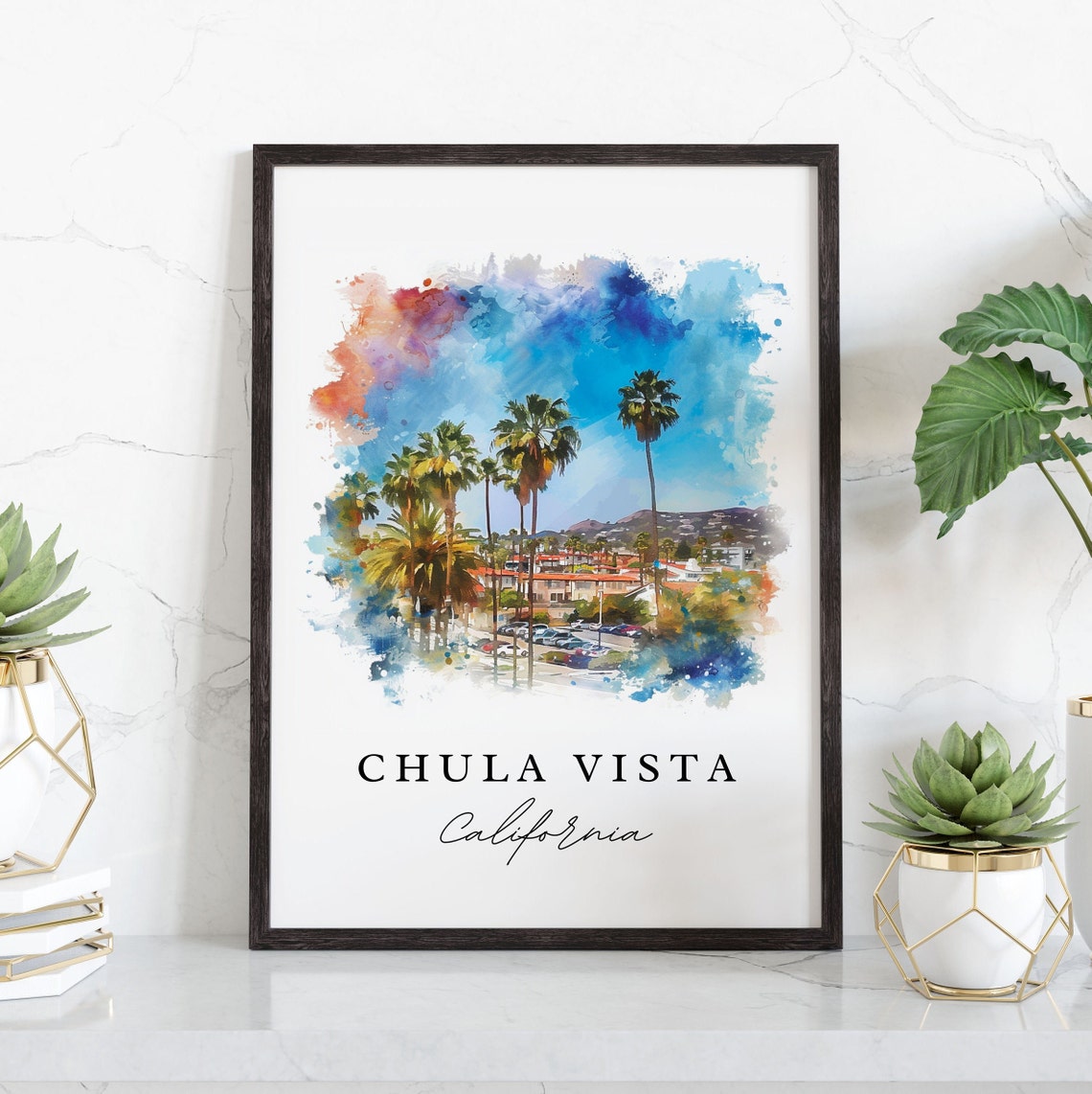 Chula Vista California Palm Tree Town Watercolor Travel Poster - Image 3
