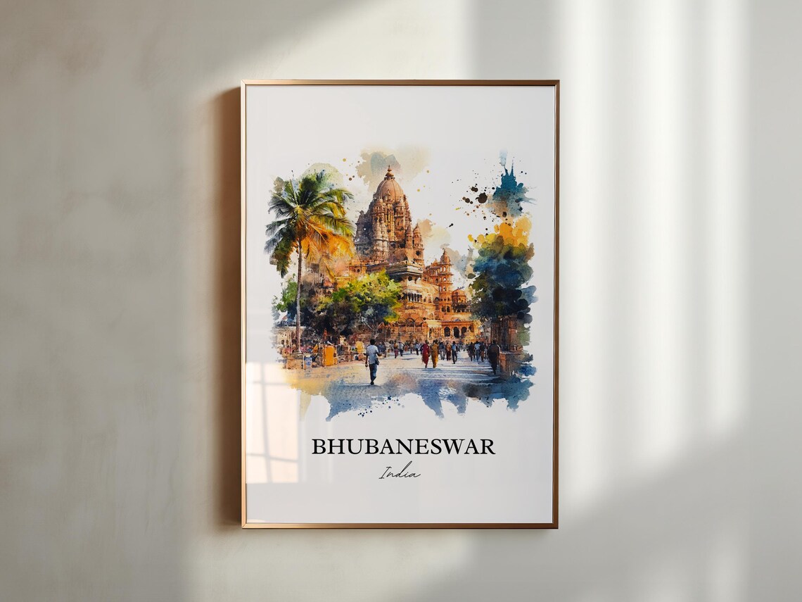 Bhubaneswar India Watercolor Ancient Temple Street Scene Poster - Image 7
