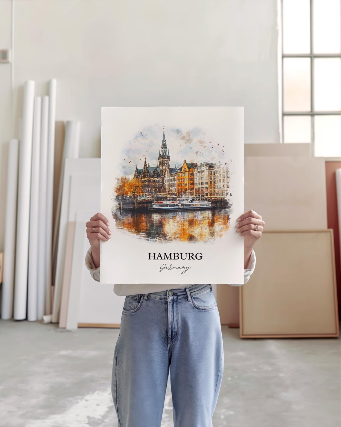 Hamburg Germany Watercolor City Hall Waterfront Boat Reflection Poster - Image 5