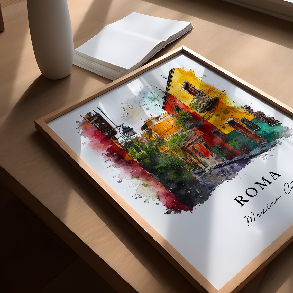 Roma Mexico City Cobblestone Colonial Street Watercolor Poster - Image 5