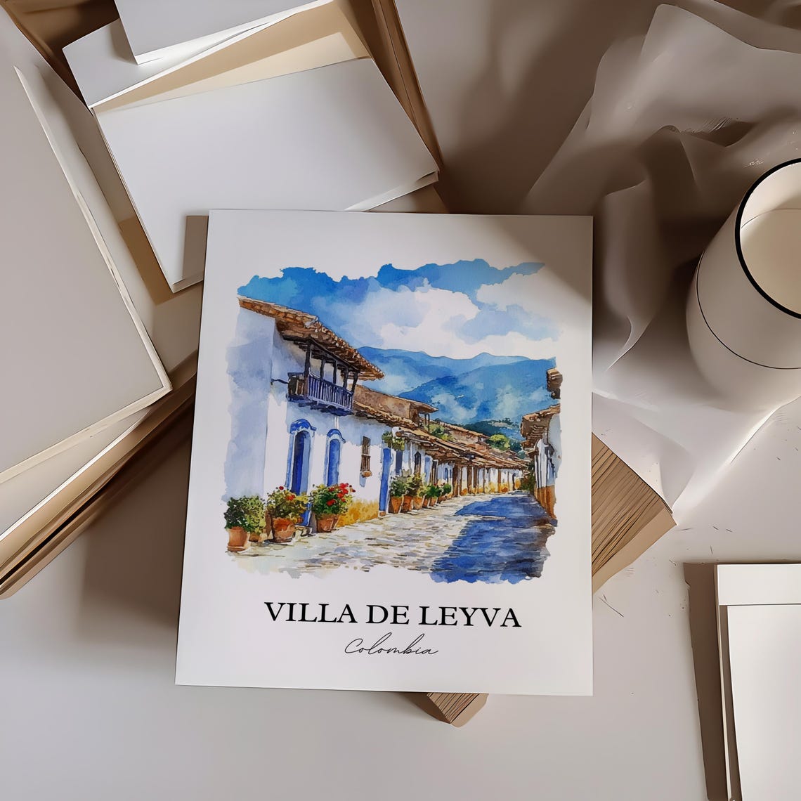 Villa de Leyva Colombia Cobblestone Street Watercolor Poster - Image 2