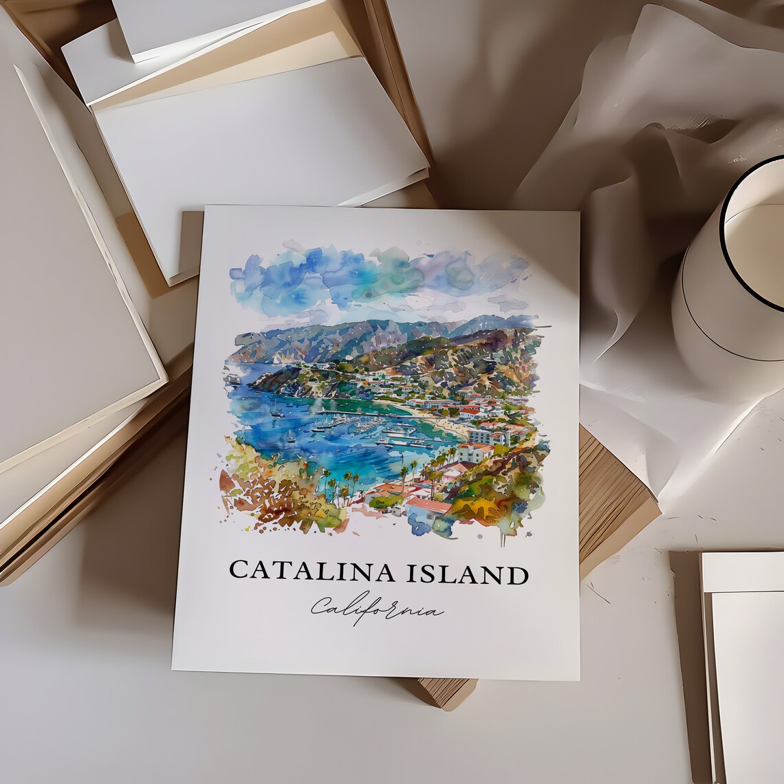 Catalina Island California Watercolor Harbor Aerial Scene Art Poster - Image 6