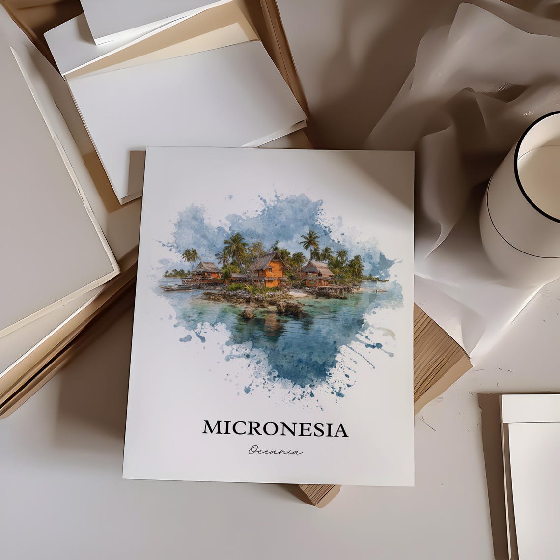 Micronesia Oceania Stilt Huts Palm Lagoon Watercolor Travel Poster - Image 3