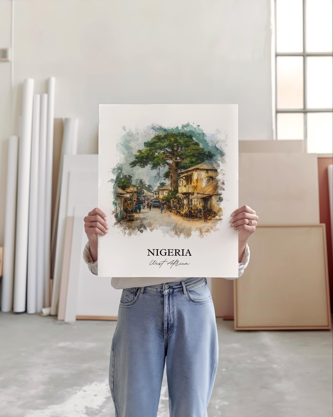 Nigeria West Africa Watercolor Village Market Big Tree Poster - Image 4