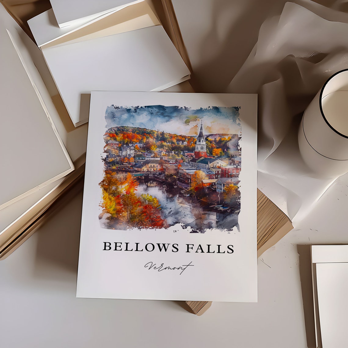 Bellows Falls Vermont River Town Fall Foliage Watercolor Art Poster - Image 6