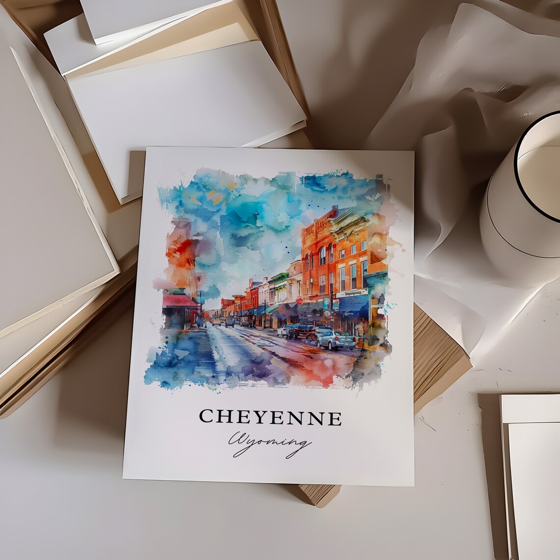 Cheyenne Wyoming Historic Downtown Street Watercolor City Poster - Image 6