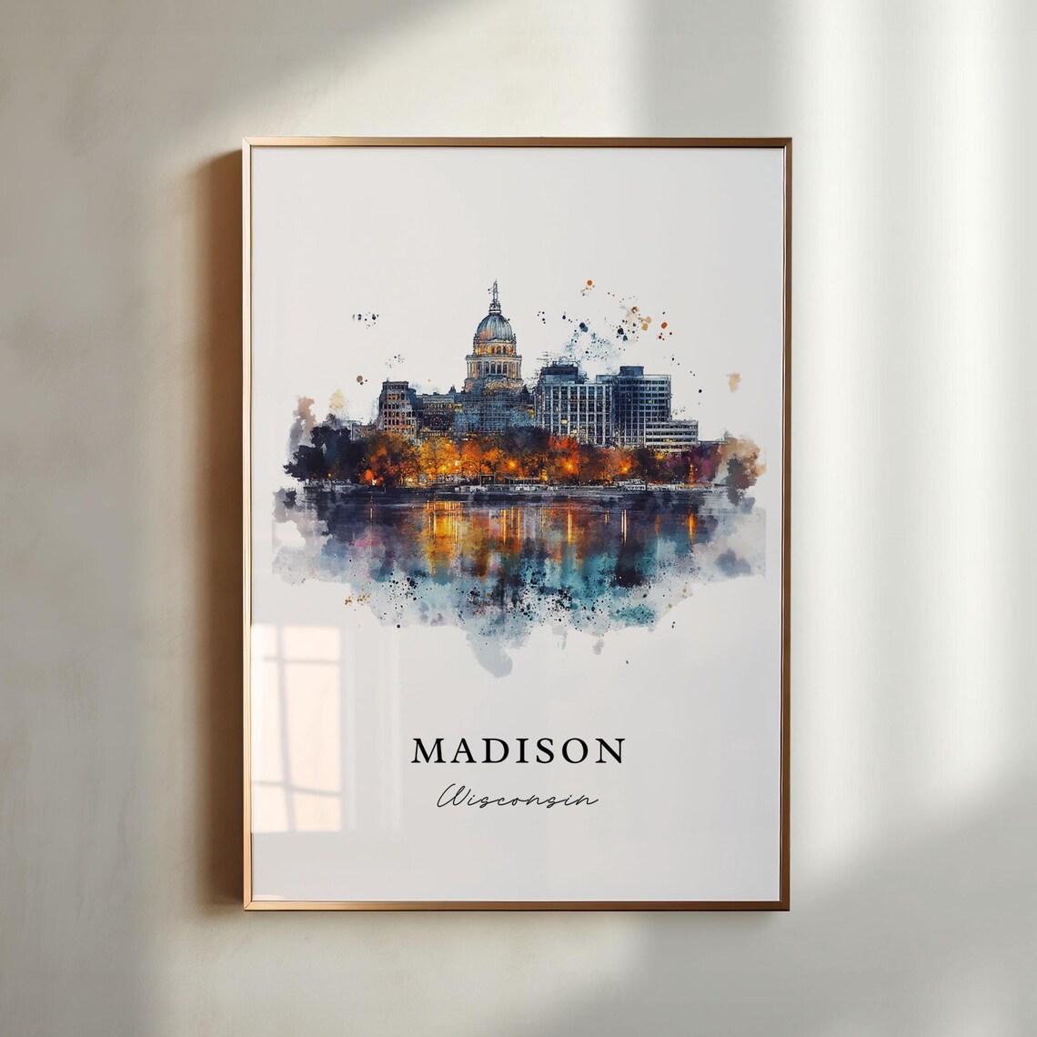 Madison Wisconsin Capitol Dome Lake Reflection Watercolor Poster