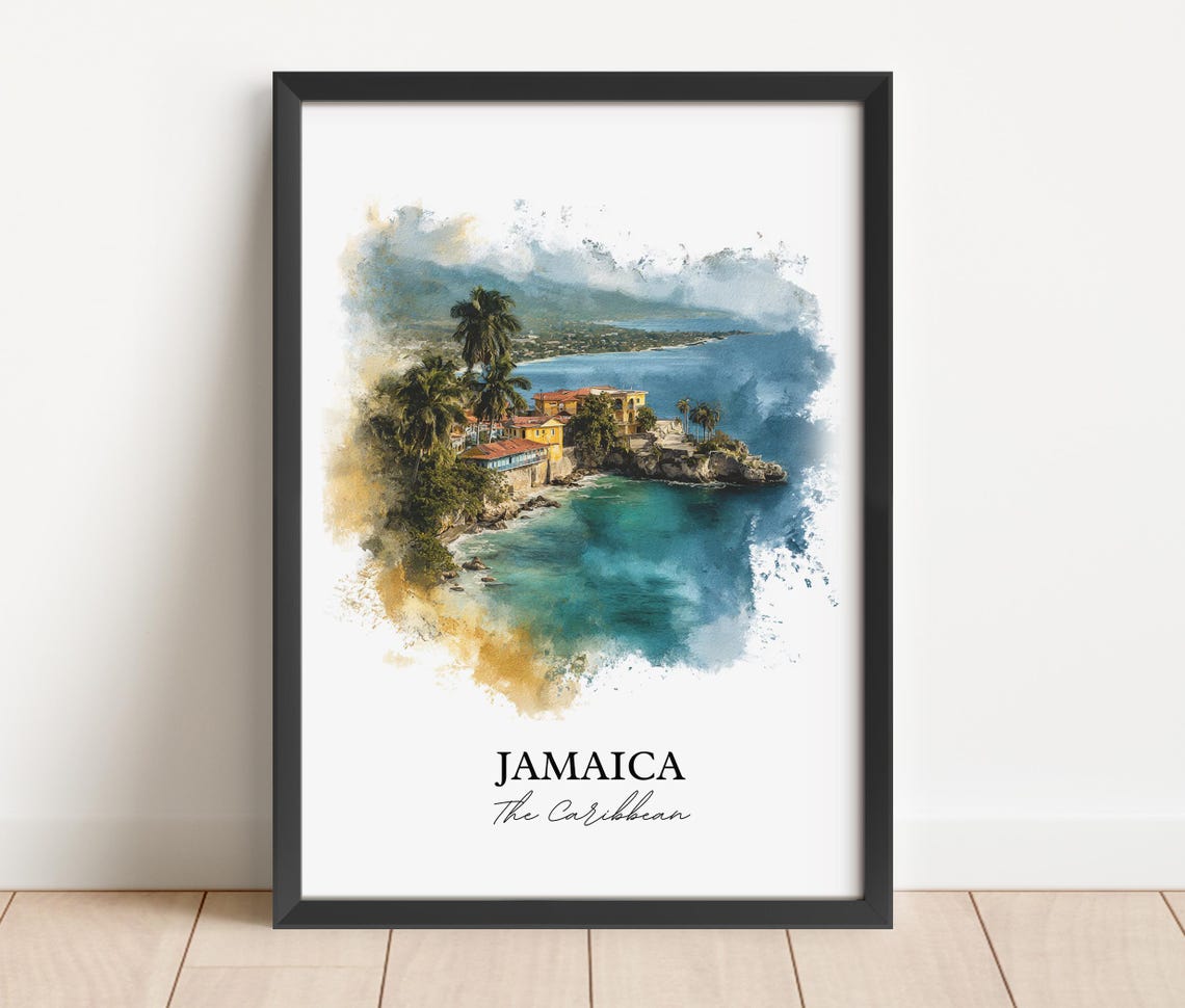 Jamaica Caribbean Tropical Coastline Cliffside Watercolor Poster - Image 2