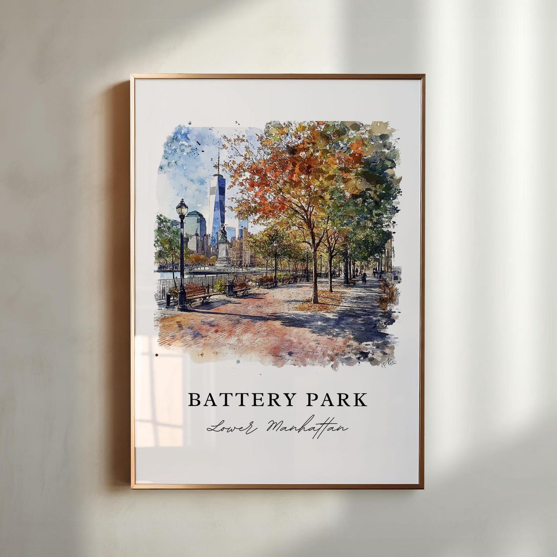 Battery Park Lower Manhattan Skyline Watercolor Travel Poster