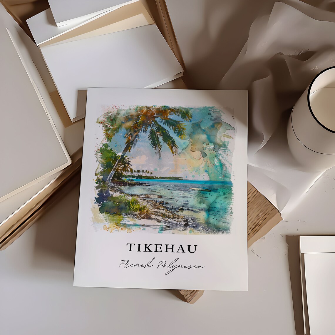 Tikehau French Polynesia Palm Beach Lagoon Watercolor Travel Poster - Image 6
