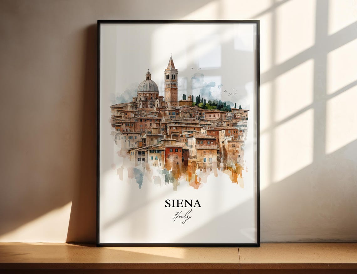 Siena Italy Watercolor Medieval Hill Town Duomo Tower Poster