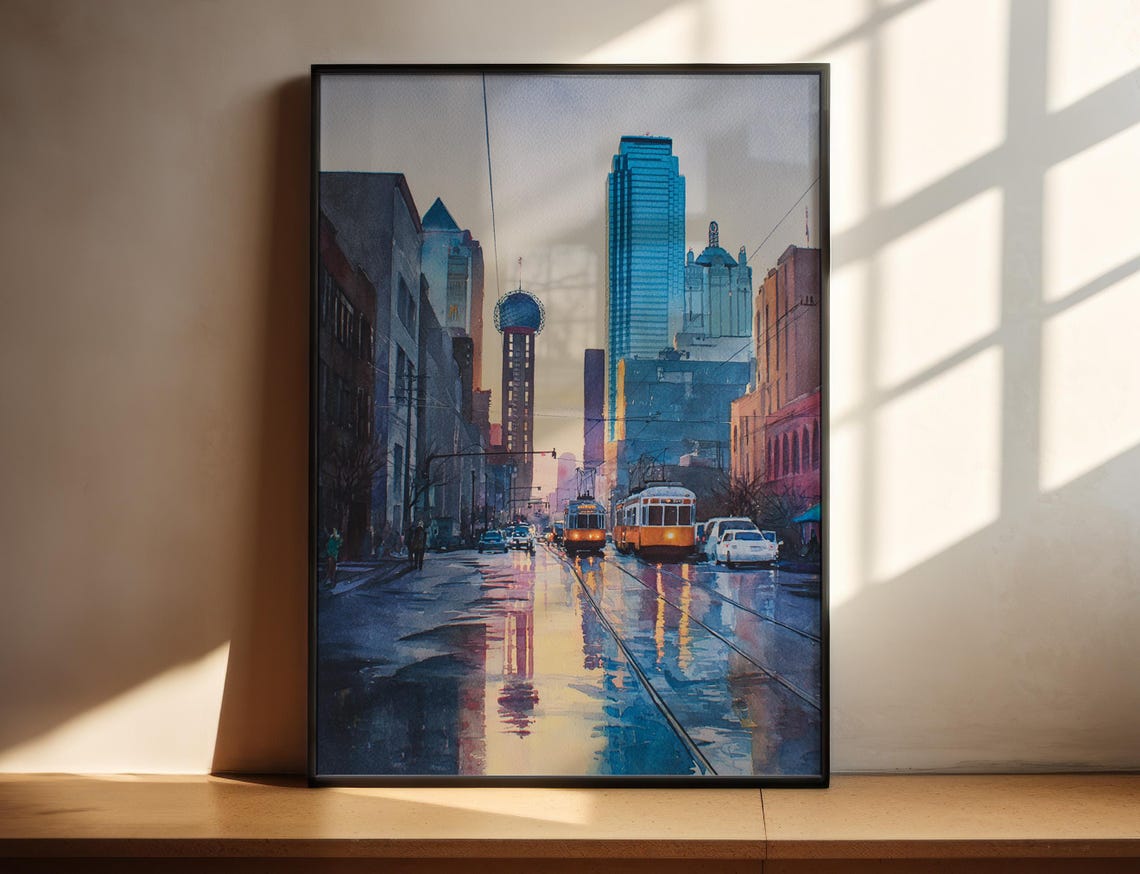 Dallas Texas Watercolor Art Travel Print Skyline Artwork Decor Wall