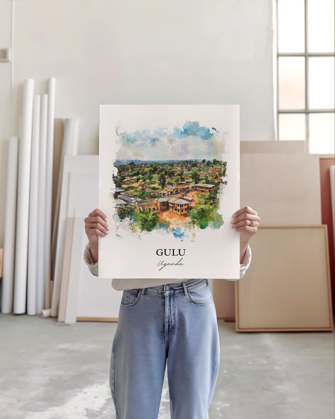 Gulu Uganda Aerial Town View Green Landscape Watercolor Poster - Image 4