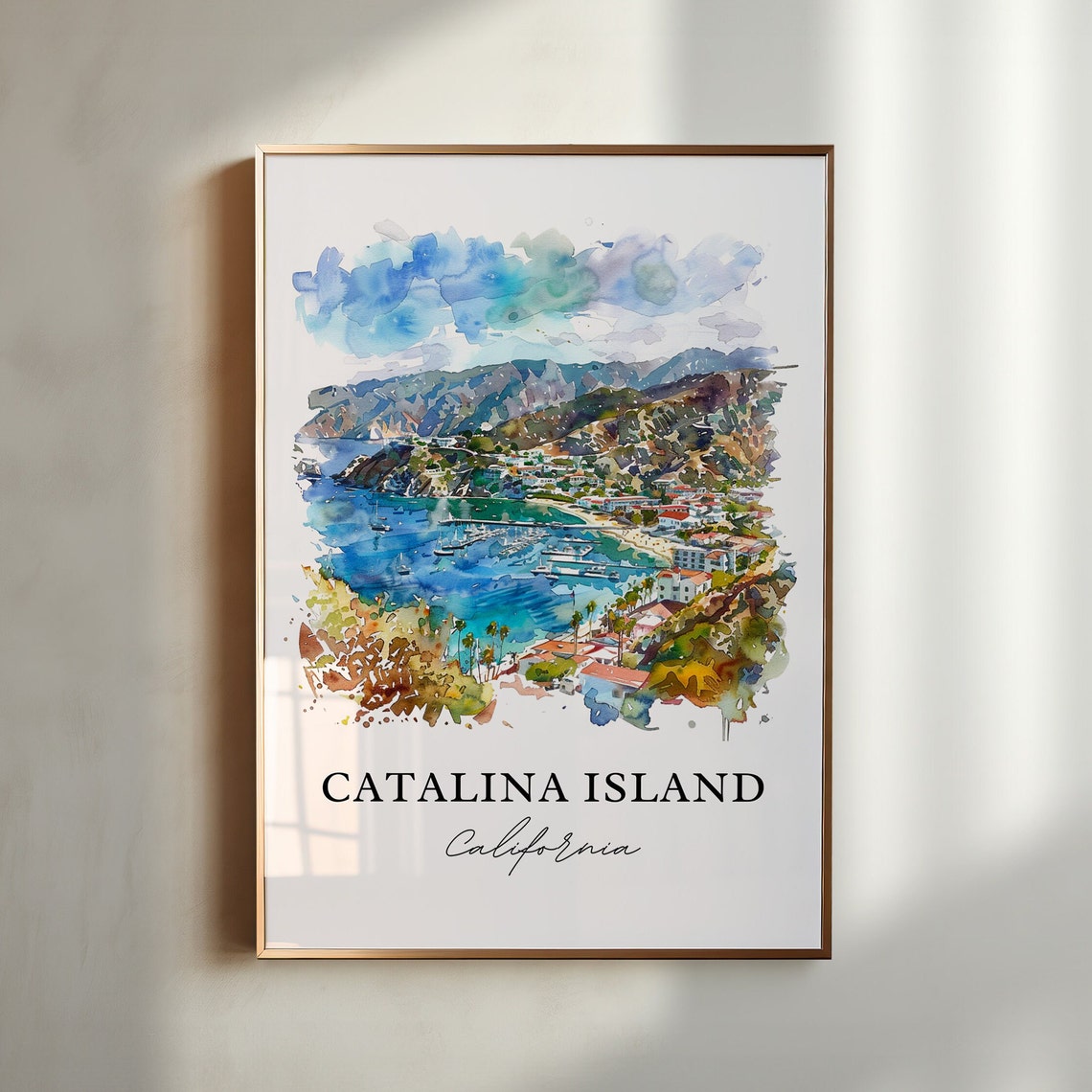 Catalina Island California Watercolor Harbor Aerial Scene Art Poster