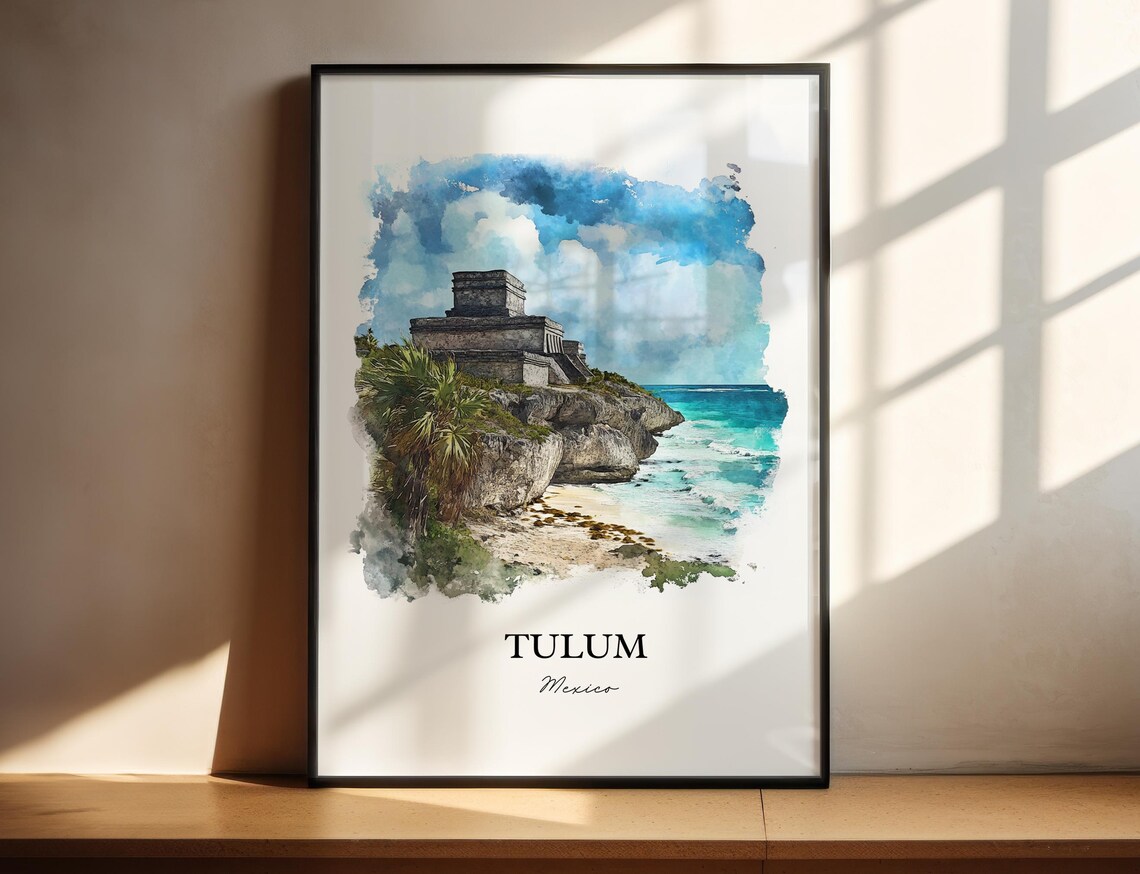 Tulum Mexico El Castillo Mayan Ruins Beach Watercolor Travel Poster