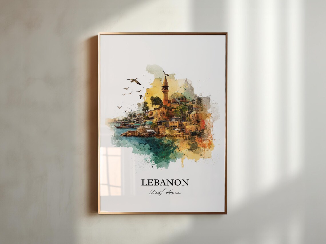 Lebanon West Asia Watercolor Coastal Old Town Minaret Travel Poster - Image 5