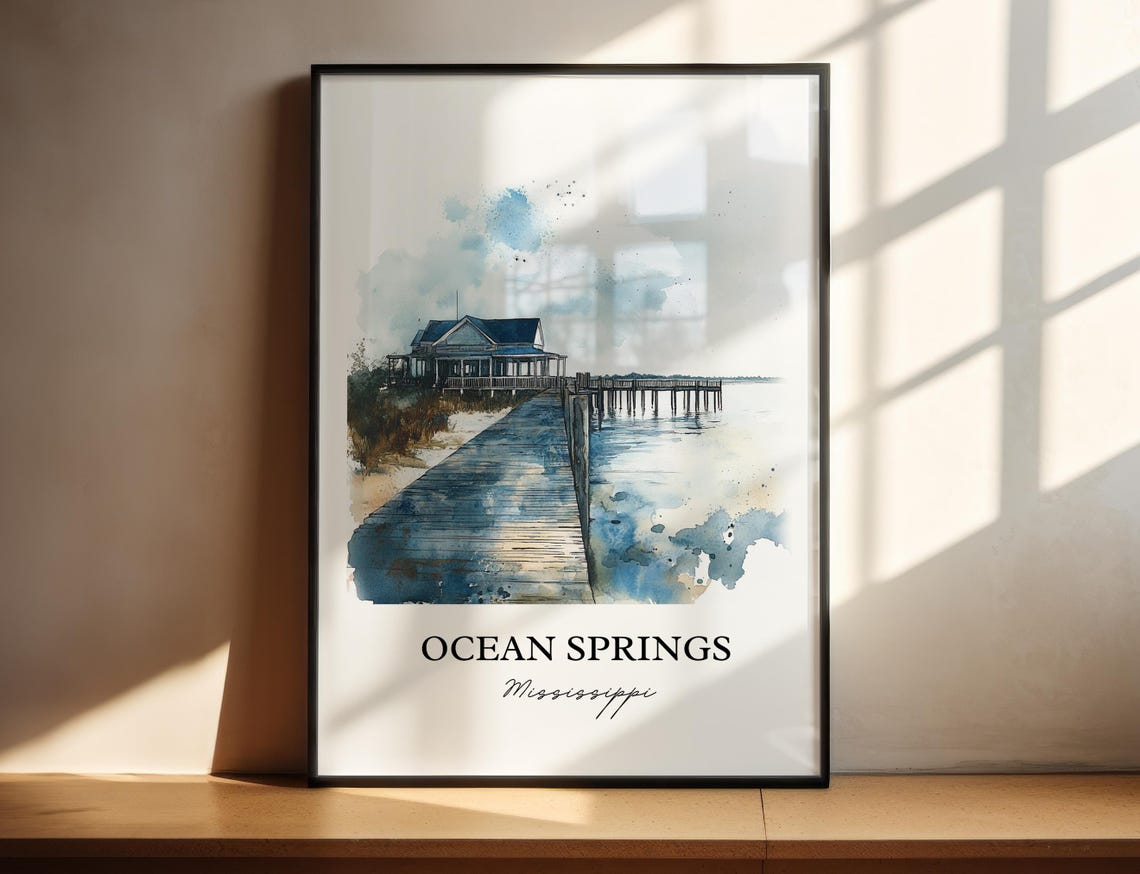 Ocean Springs Mississippi Pier Boardwalk Watercolor Travel Gift Poster