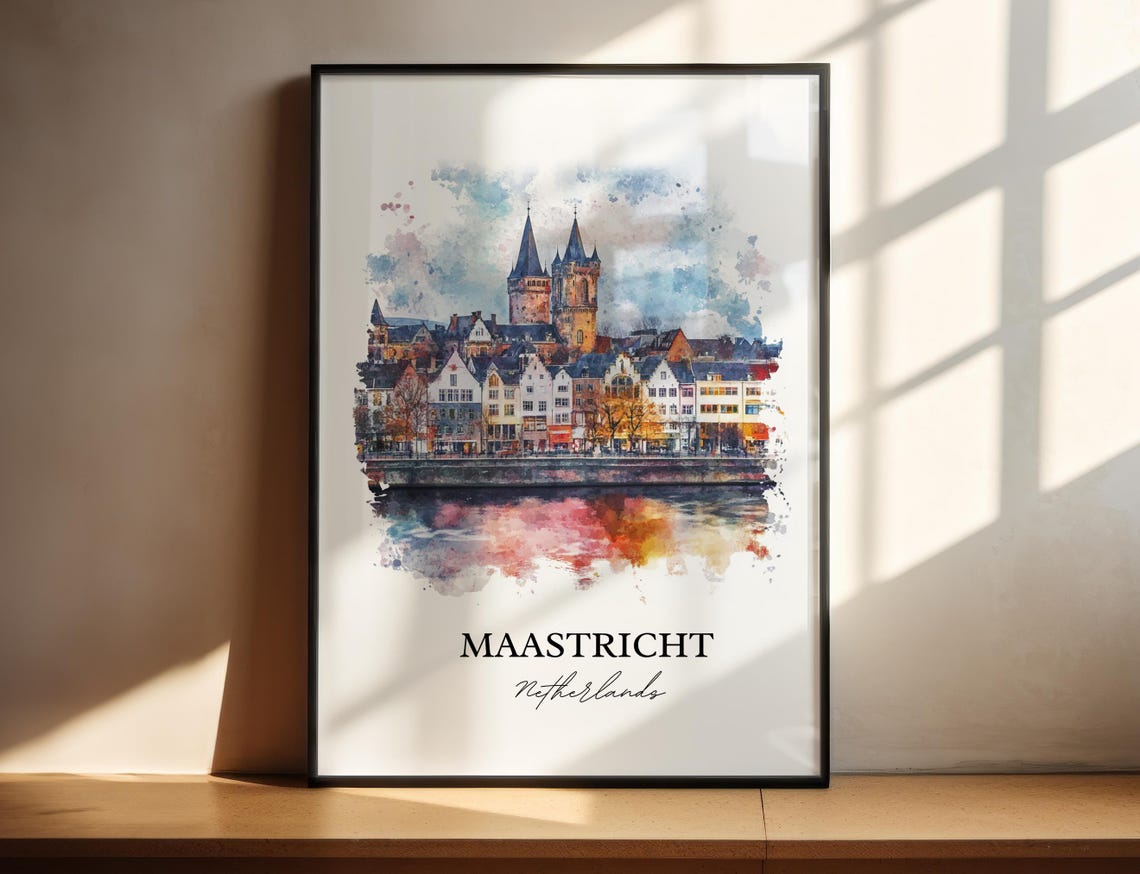 Maastricht Netherlands Riverside Old Town Watercolor Travel Poster