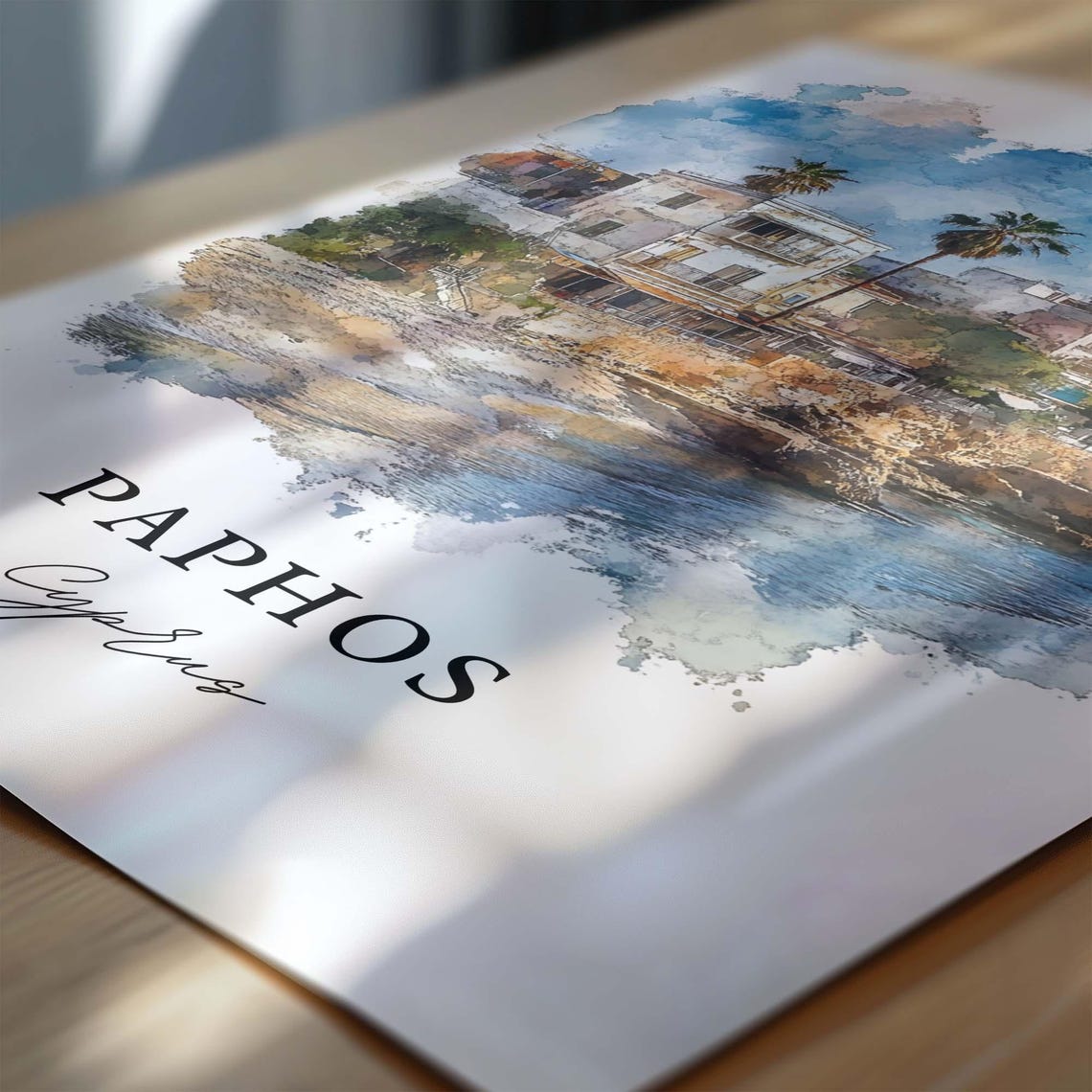 Paphos Cyprus Coastal Old Town Palms Rocky Shoreline Watercolor Poster - Image 4