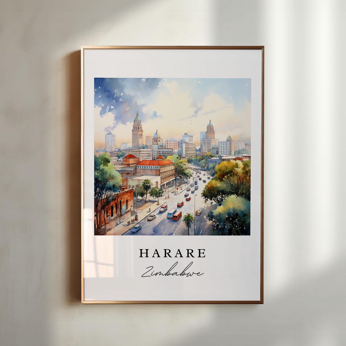 Harare Zimbabwe Watercolor Cityscape With Busy Street Poster