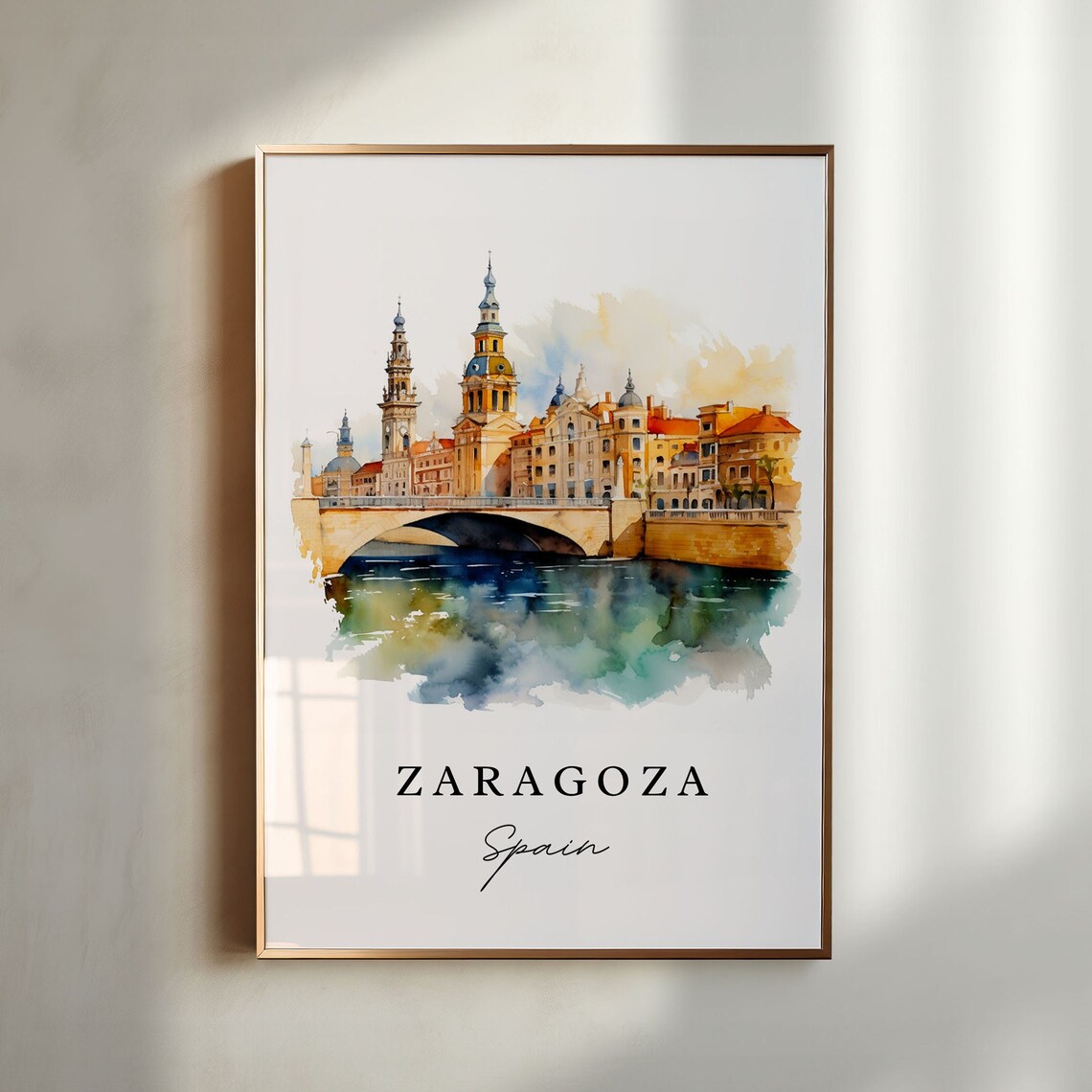 Zaragoza Spain Basilica Towers and River Bridge Watercolor Poster
