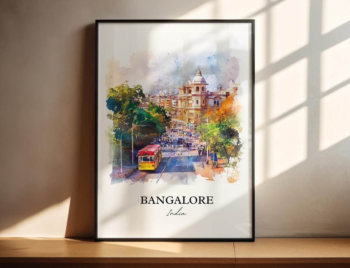 Bangalore India Watercolor City Street Scene Art Travel Poster