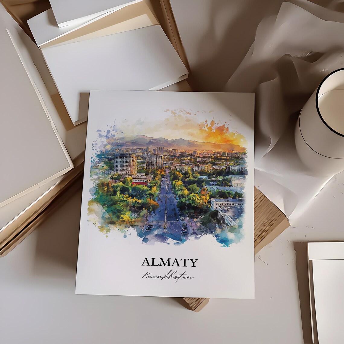 Almaty Kazakhstan Watercolor Green City Mountain View Travel Poster - Image 3