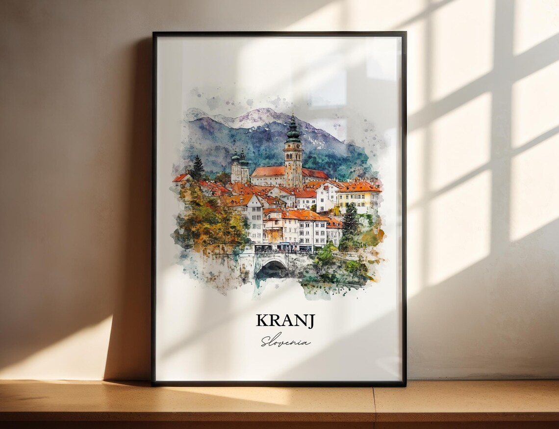 Kranj Slovenia Watercolor Old Town Church Towers Skyline Poster