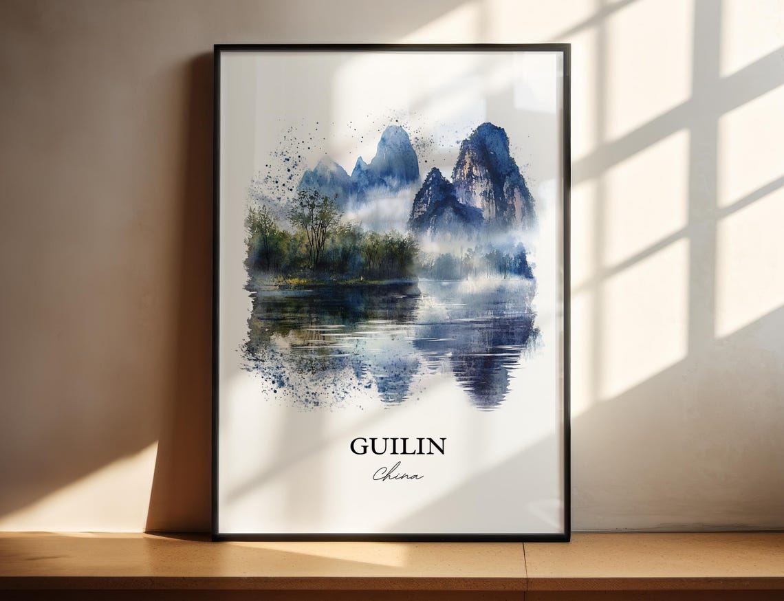 Guilin China Watercolor Karst Mountains Misty River Art Poster