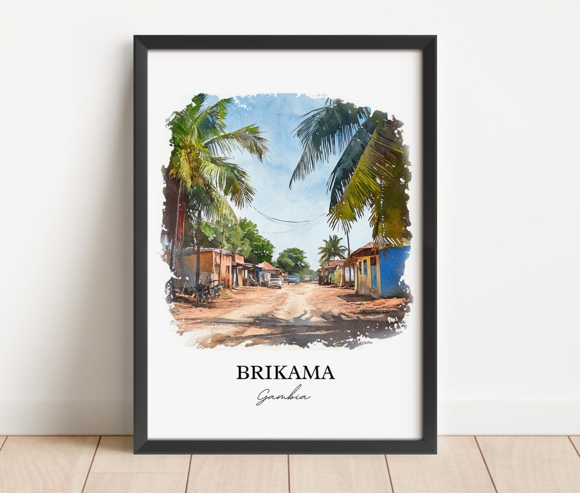 Brikama Gambia Village Road Palm Trees Watercolor Travel Poster - Image 5