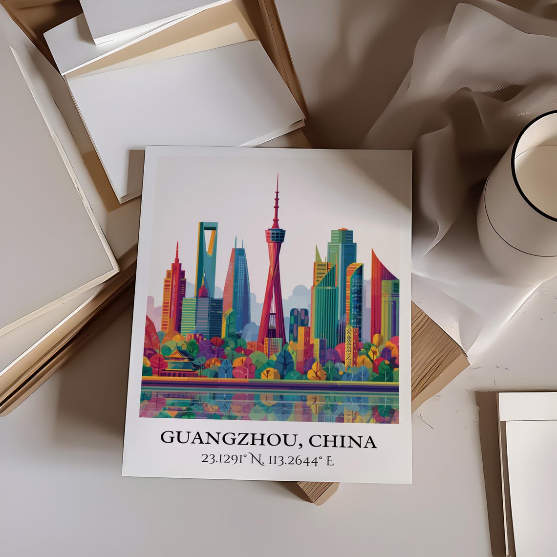 Guangzhou China Canton Tower Skyscrapers Reflection Travel Art Poster - Image 4