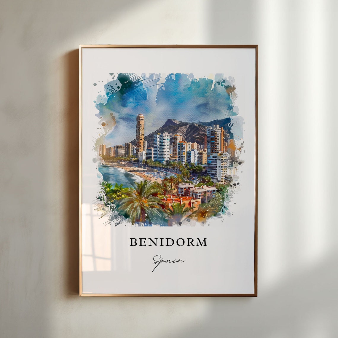 Benidorm Spain Beach Skyline Watercolor Resort Travel Poster