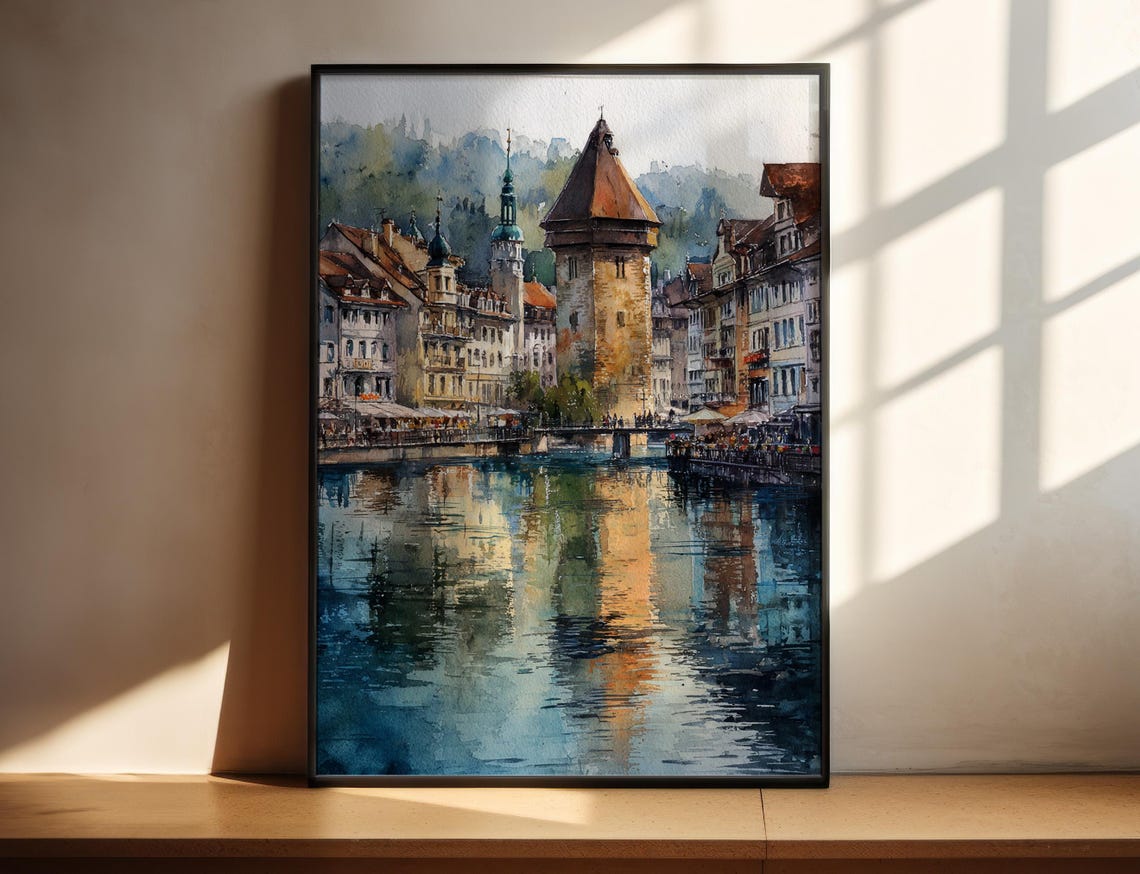 Lucerne Switzerland Watercolor Travel Poster Chapel Bridge River Art