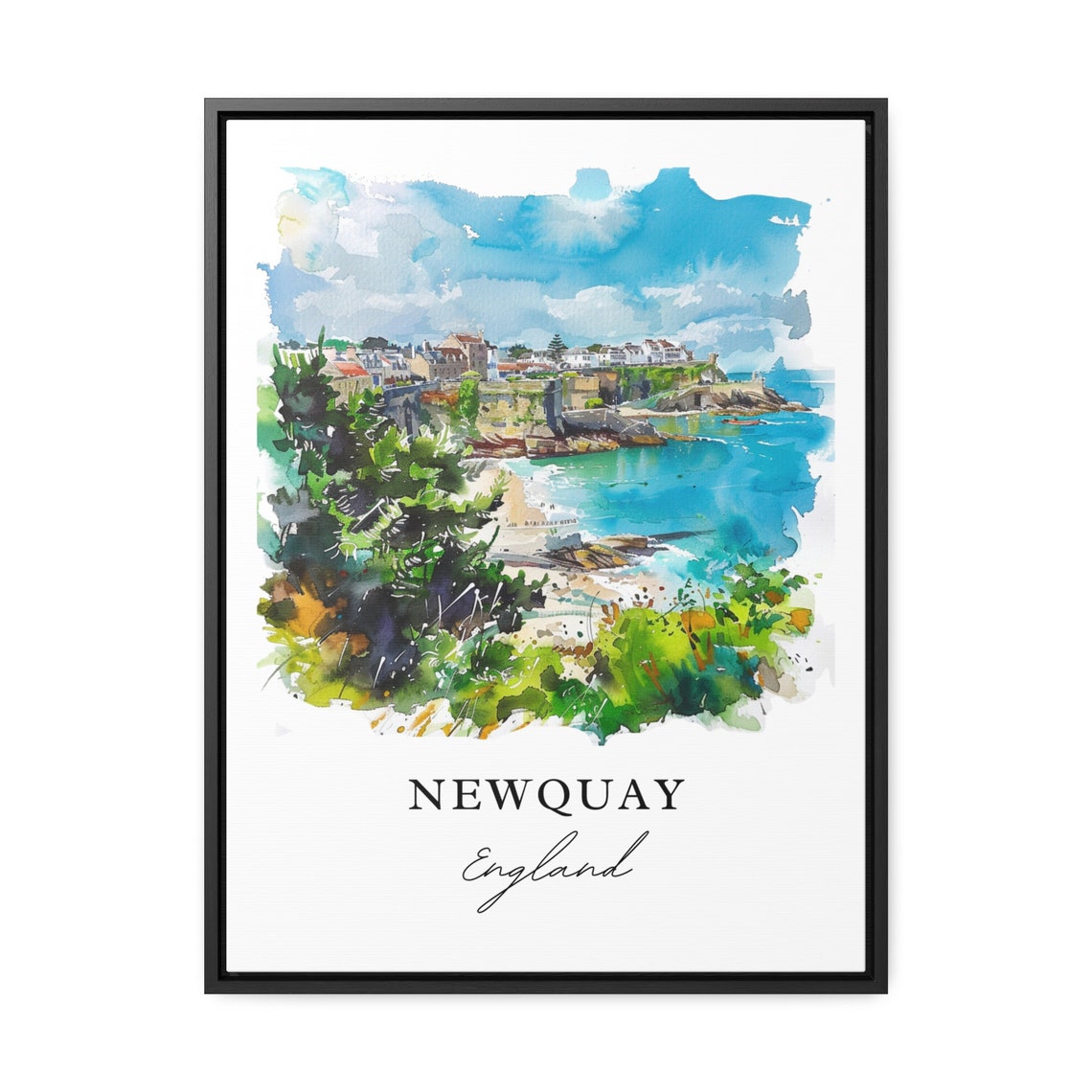 Newquay England Cornwall Coastal Cliffs Beach Watercolor Poster - Image 3