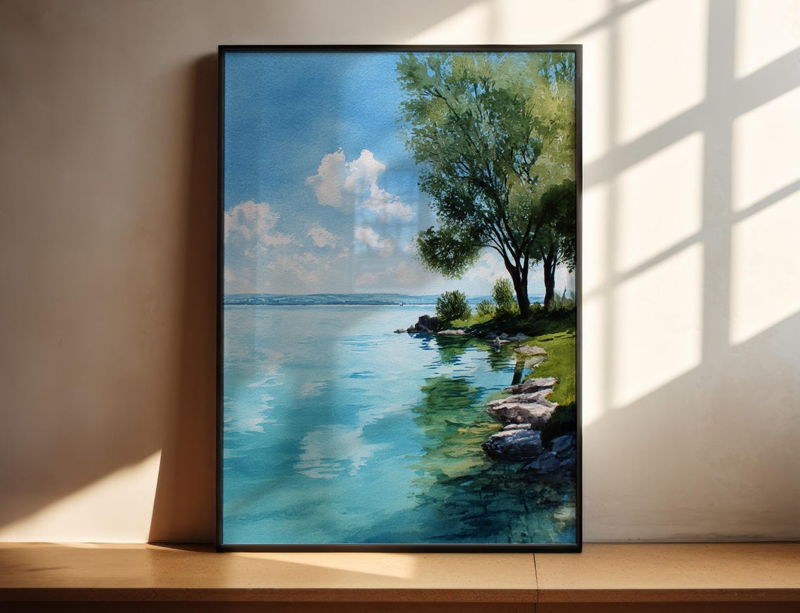 Lake Balaton Hungary Lakeside Trees Watercolor Summer Art Poster