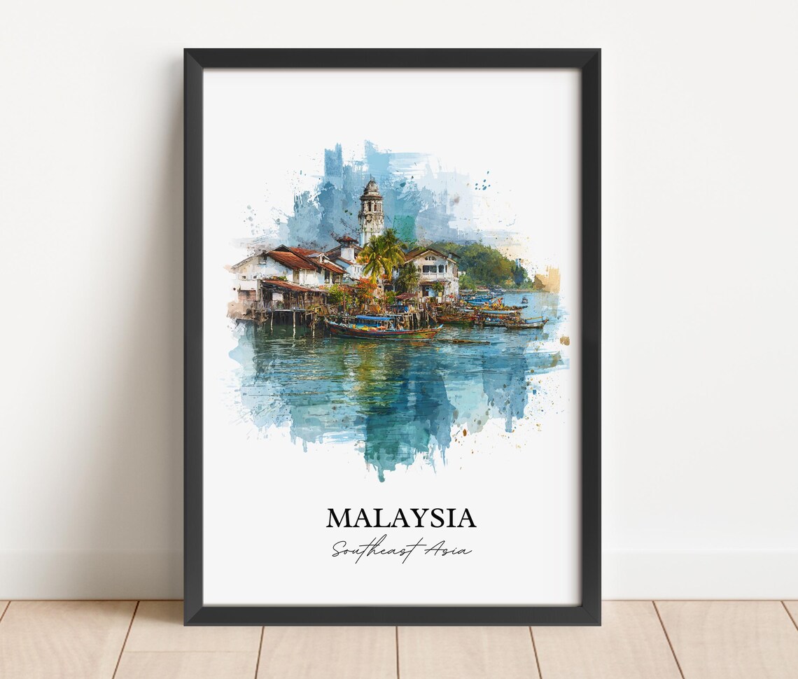 Malaysia Southeast Asia Stilt Fishing Village Watercolor Poster - Image 5