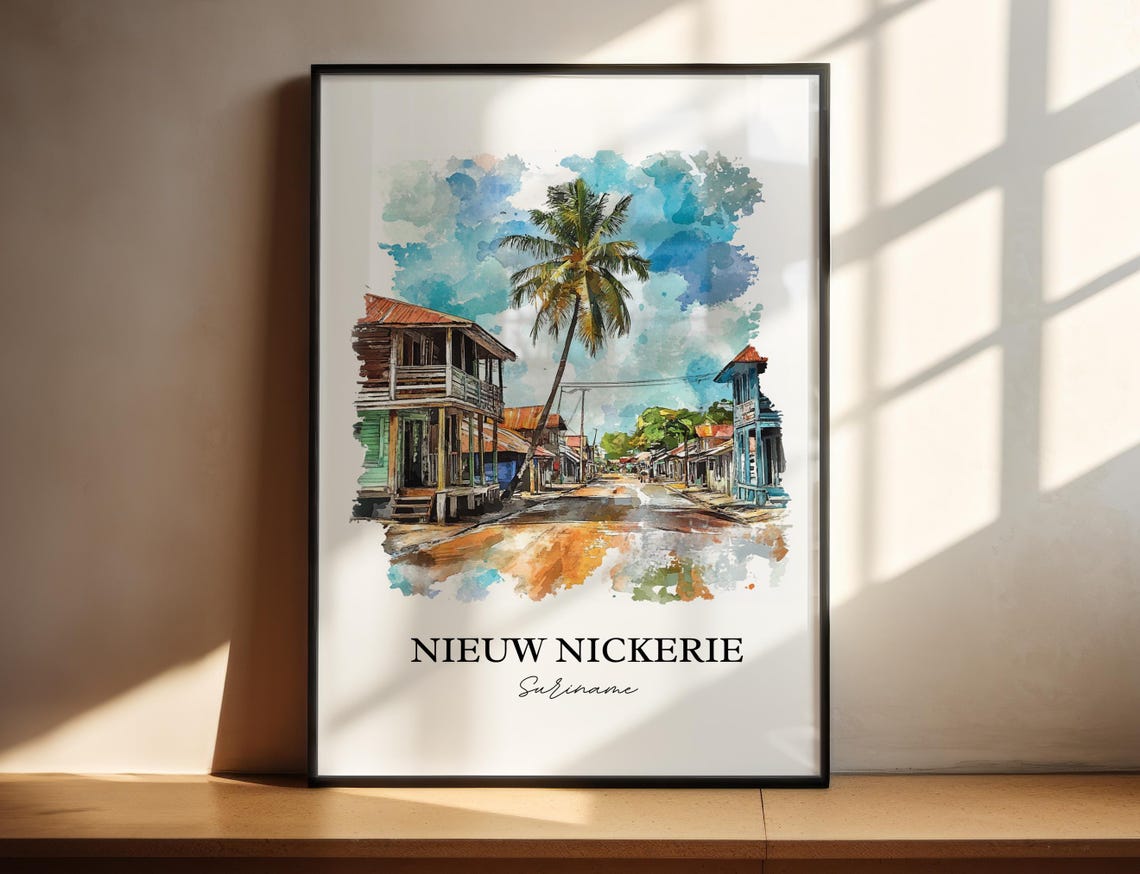 Nieuw Nickerie Suriname Watercolor Palm Lined Street Scene Poster