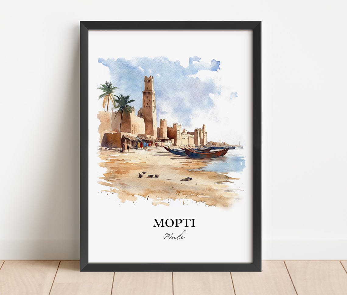 Mopti Mali Riverside Mosque Boats Watercolor Scene Art Poster - Image 5
