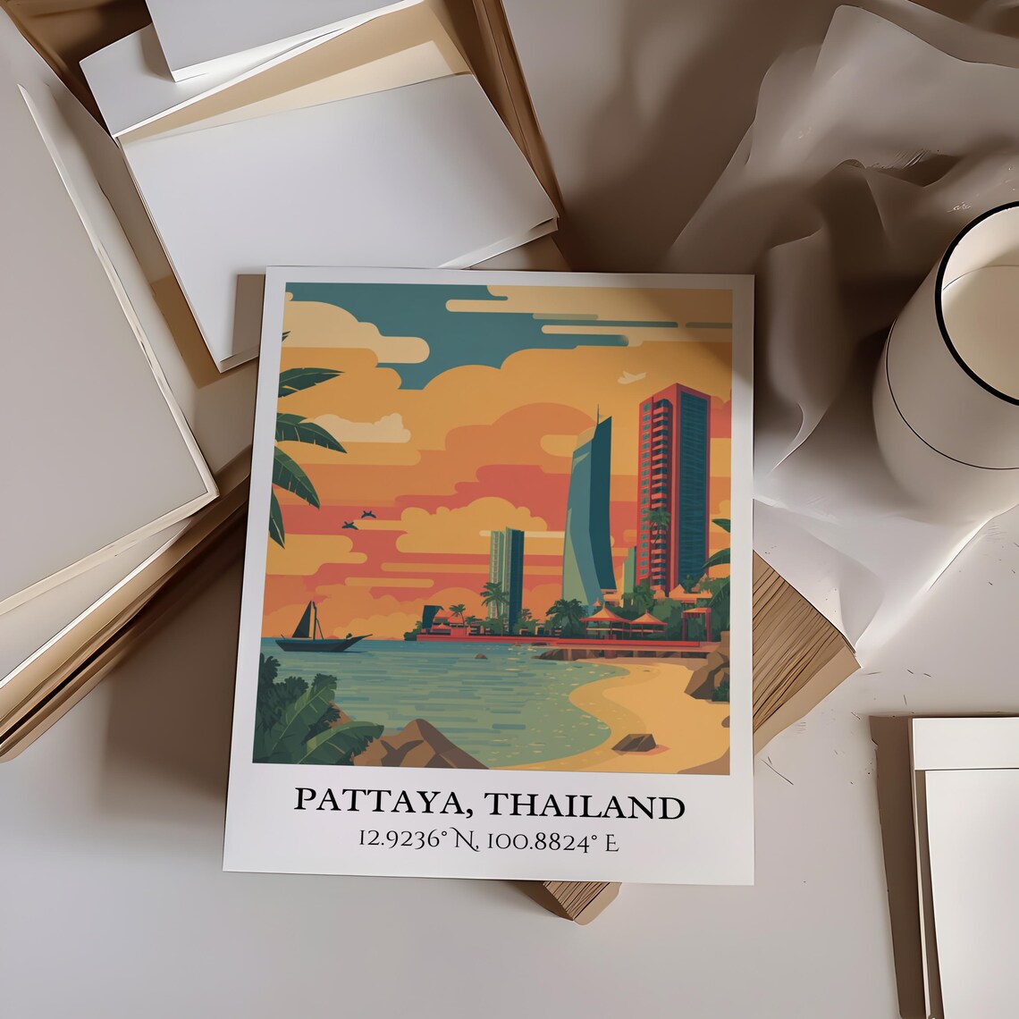 Pattaya Thailand Beach Sunset High Rises Sailboat Retro Travel Poster - Image 4